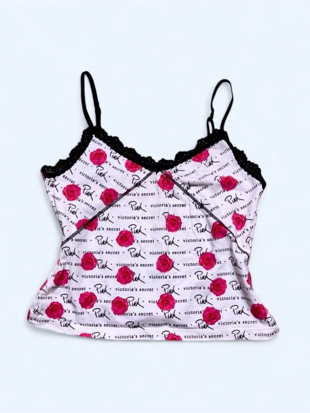 Vintage 2004 Victoria’s Secret PINK Rose Print Black Lace Trim Cami